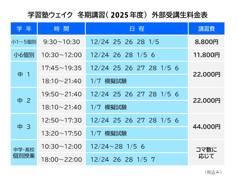 2025年 冬期講習スケジュール